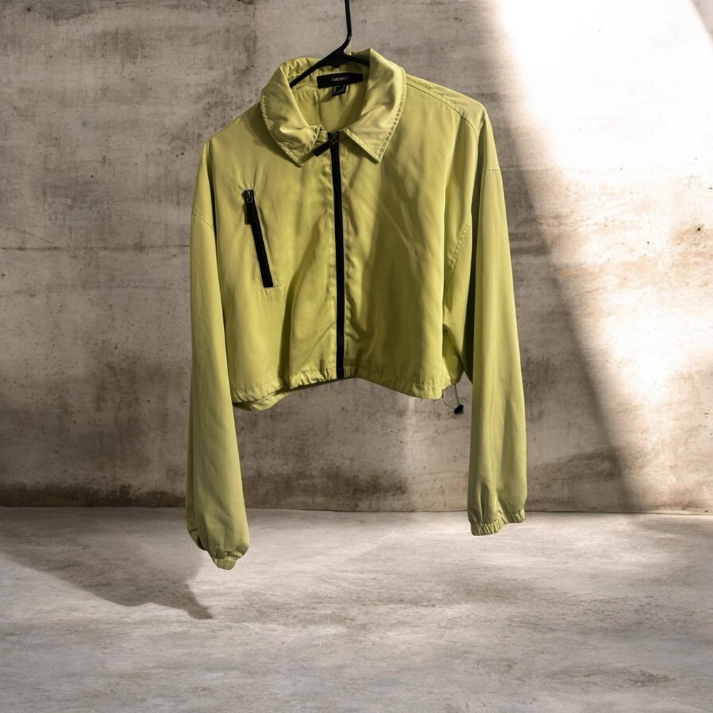 Forever 21 Lime Green Cropped Windbreaker – Women’s Large, Lightweight Jacket - Picture 2 of 5